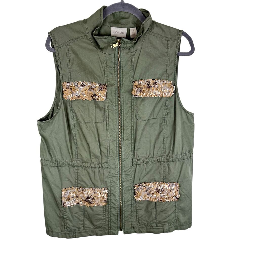Chico's 100%‎ Cotton Sage Green Gold Sequin Full Zip Safari Utility Vest Size L